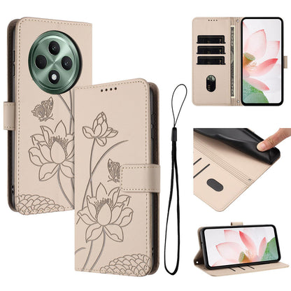 OPPO Reno12 F 4G Lotus Embossed PU Leather Wallet Phone Case with Card Holder, Cash Pocket, Magnetic Flip Stand Cover, Wrist Lanyard Strap, Shockproof TPU Protective Folio Case - Purple