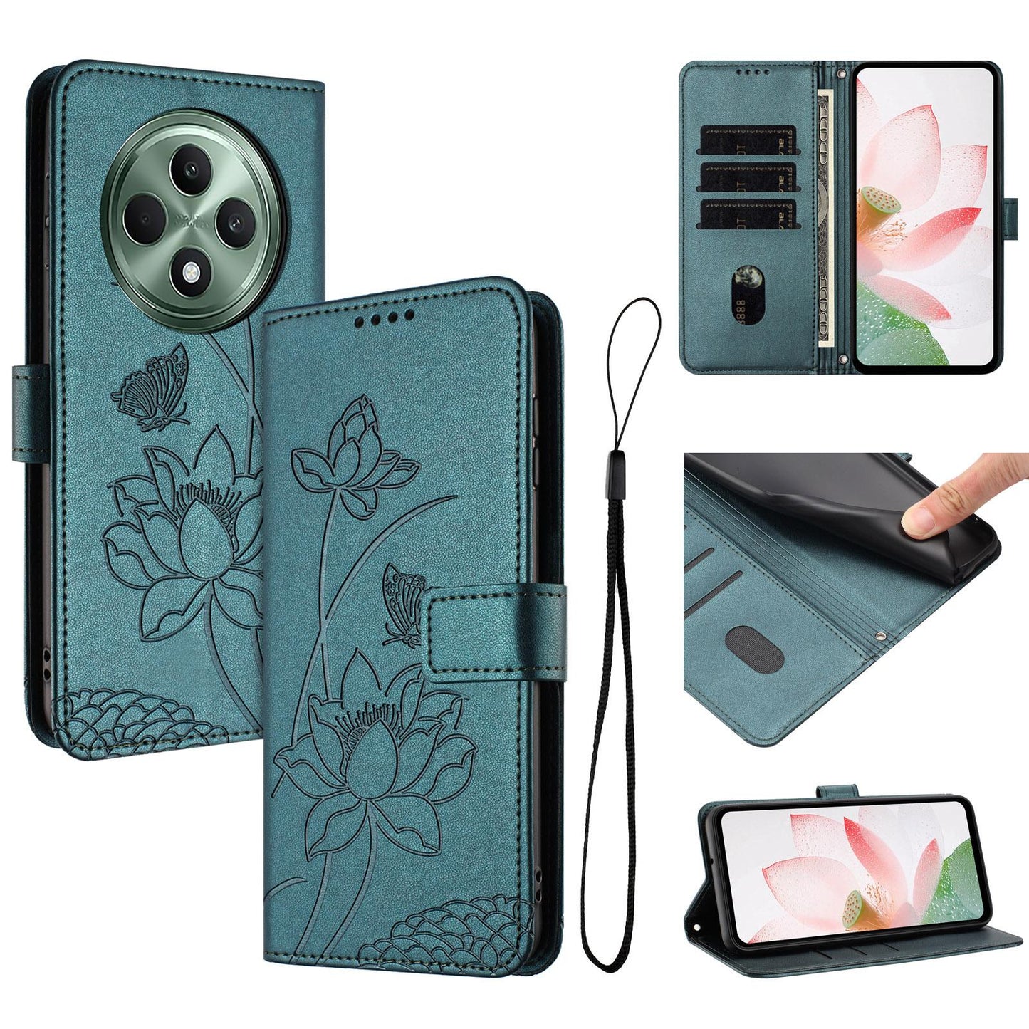 OPPO Reno12 F 5G Lotus Embossed PU Leather Wallet Phone Case with Card Holder, Cash Pocket, Magnetic Flip Stand Cover, Wrist Lanyard Strap, Shockproof TPU Protective Folio Case - Purple