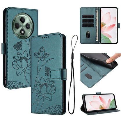 OPPO Reno12 F 5G Lotus Embossed PU Leather Wallet Phone Case with Card Holder, Cash Pocket, Magnetic Flip Stand Cover, Wrist Lanyard Strap, Shockproof TPU Protective Folio Case - Purple