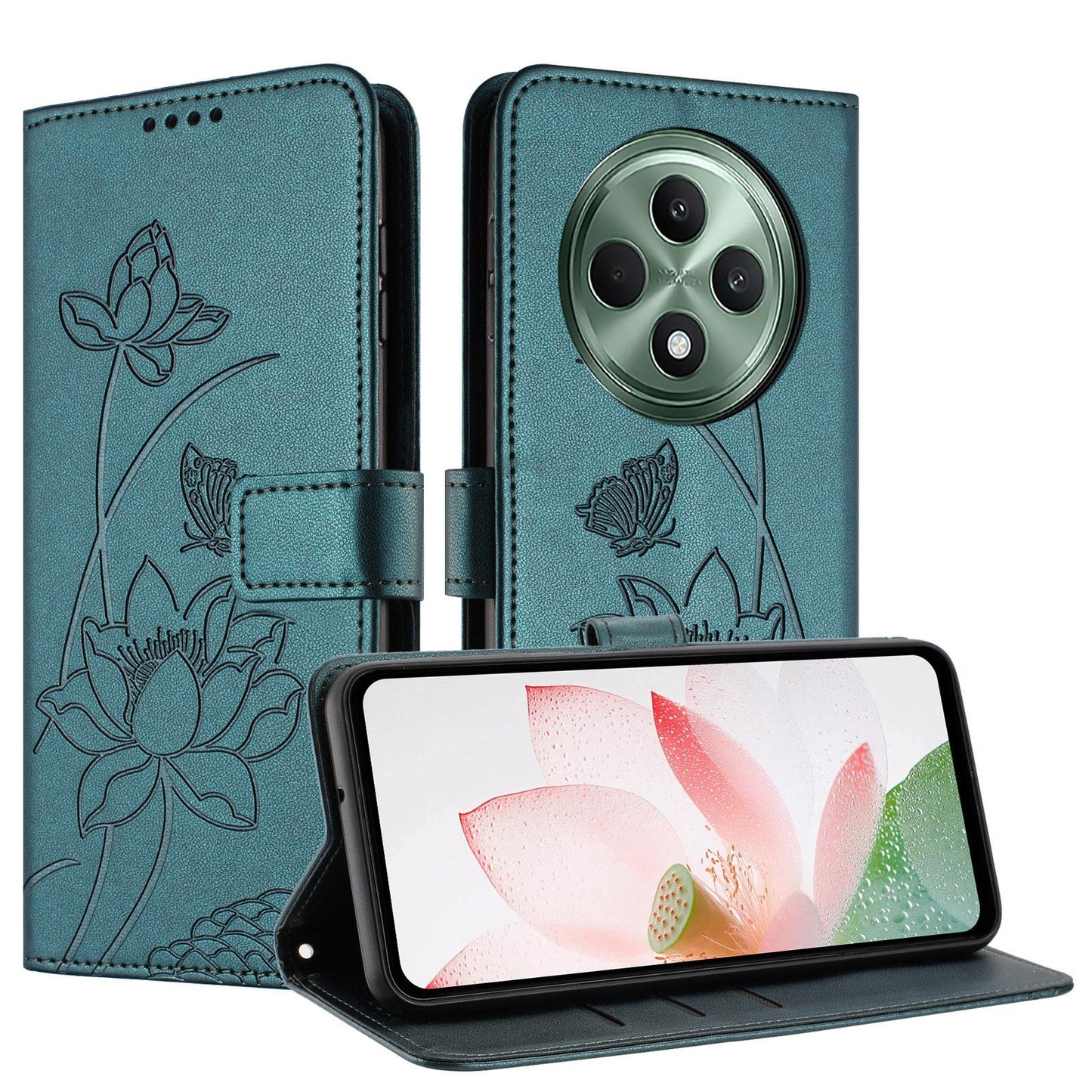 OPPO Reno12 F 4G Lotus Embossed PU Leather Wallet Phone Case with Card Holder, Cash Pocket, Magnetic Flip Stand Cover, Wrist Lanyard Strap, Shockproof TPU Protective Folio Case - Purple