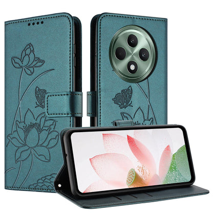 OPPO Reno12 F 4G Lotus Embossed PU Leather Wallet Phone Case with Card Holder, Cash Pocket, Magnetic Flip Stand Cover, Wrist Lanyard Strap, Shockproof TPU Protective Folio Case - Purple