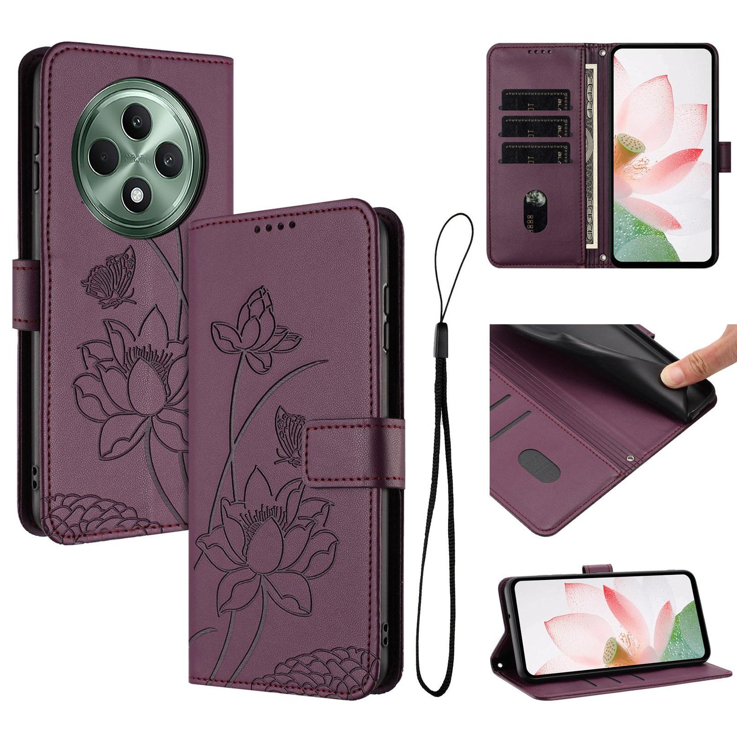 OPPO Reno12 F 5G Lotus Embossed PU Leather Wallet Phone Case with Card Holder, Cash Pocket, Magnetic Flip Stand Cover, Wrist Lanyard Strap, Shockproof TPU Protective Folio Case - Purple