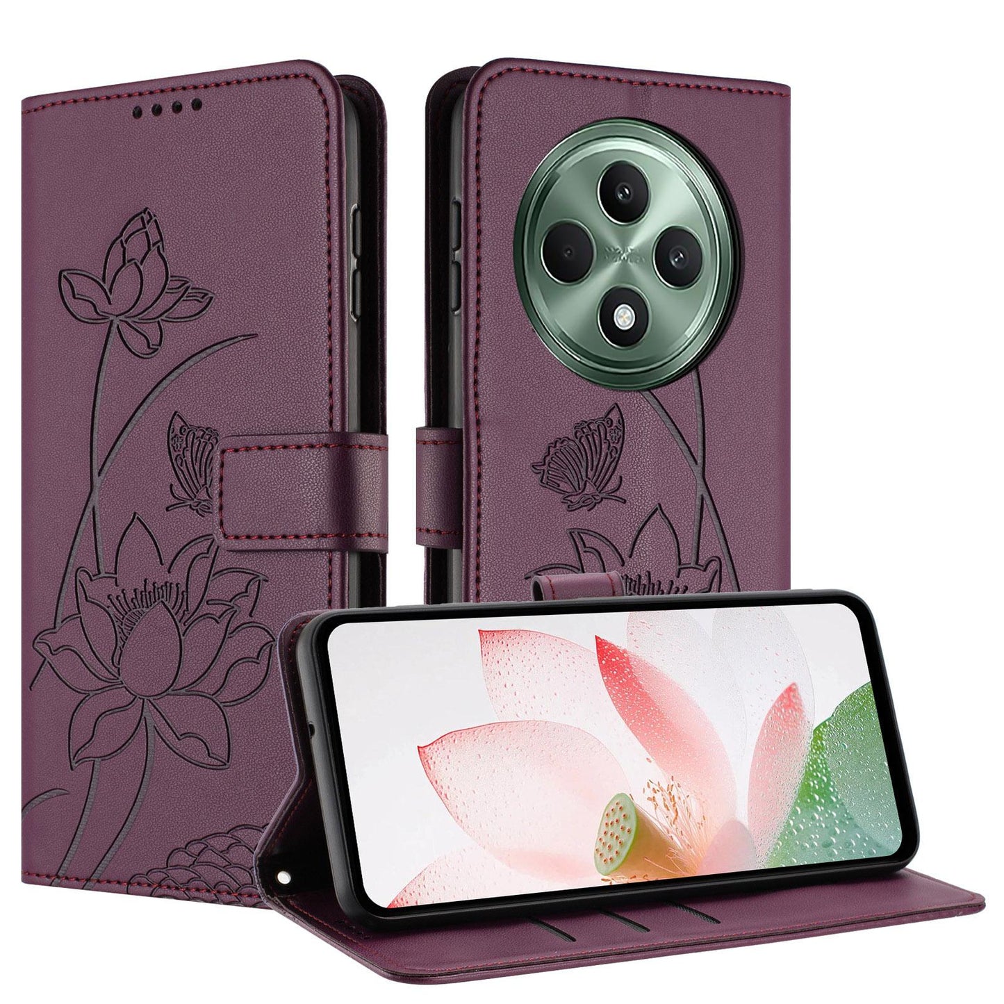 OPPO Reno12 F 5G Lotus Embossed PU Leather Wallet Phone Case with Card Holder, Cash Pocket, Magnetic Flip Stand Cover, Wrist Lanyard Strap, Shockproof TPU Protective Folio Case - Purple
