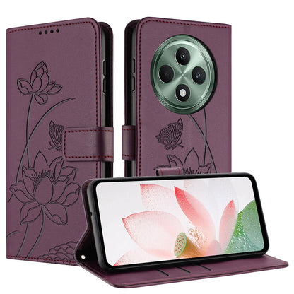 OPPO Reno12 F 5G Lotus Embossed PU Leather Wallet Phone Case with Card Holder, Cash Pocket, Magnetic Flip Stand Cover, Wrist Lanyard Strap, Shockproof TPU Protective Folio Case - Purple