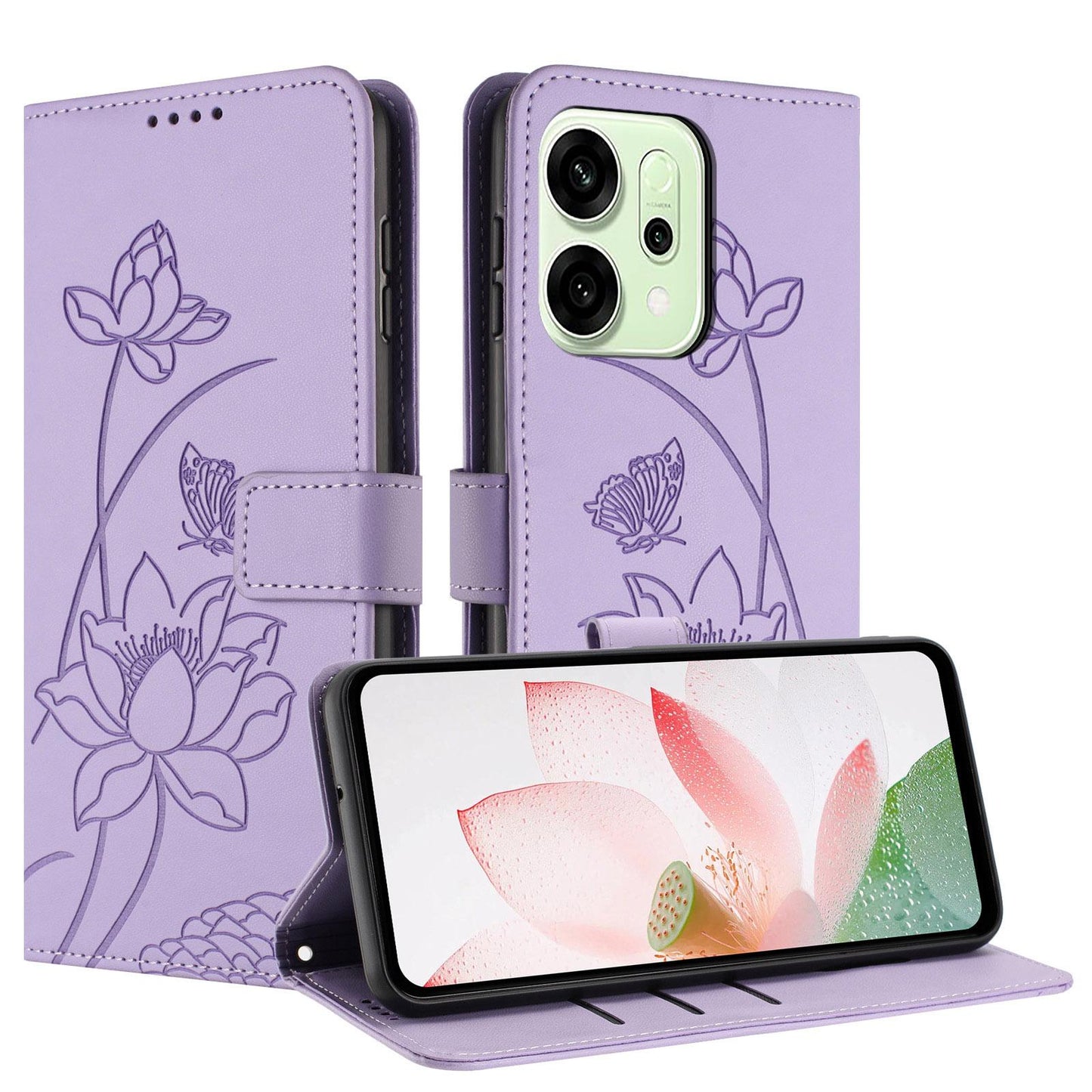 OPPO Reno14 Lotus Embossed PU Leather Wallet Phone Case with Card Holder, Cash Pocket, Magnetic Flip Stand Cover, Wrist Lanyard Strap, Shockproof TPU Protective Folio Case - Purple