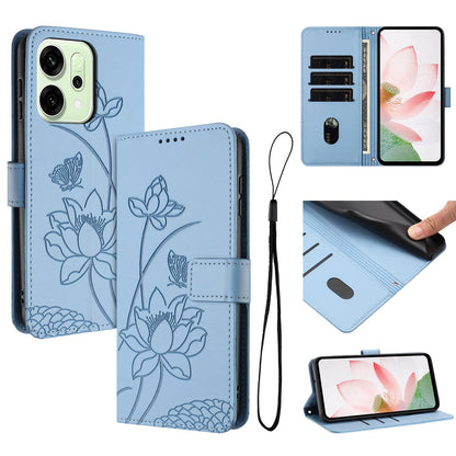 OPPO Reno14 Lotus Embossed PU Leather Wallet Phone Case with Card Holder, Cash Pocket, Magnetic Flip Stand Cover, Wrist Lanyard Strap, Shockproof TPU Protective Folio Case - Purple