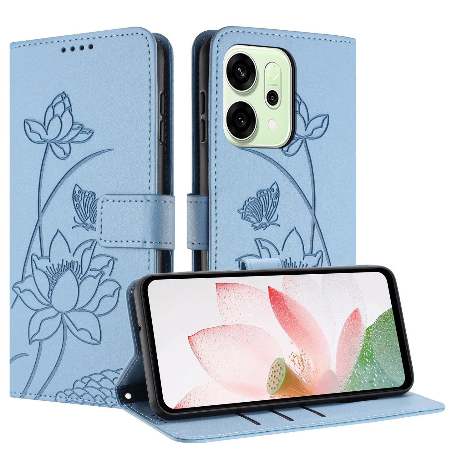 OPPO Reno14 F 5G Lotus Embossed PU Leather Wallet Phone Case with Card Holder, Cash Pocket, Magnetic Flip Stand Cover, Wrist Lanyard Strap, Shockproof TPU Protective Folio Case - Purple