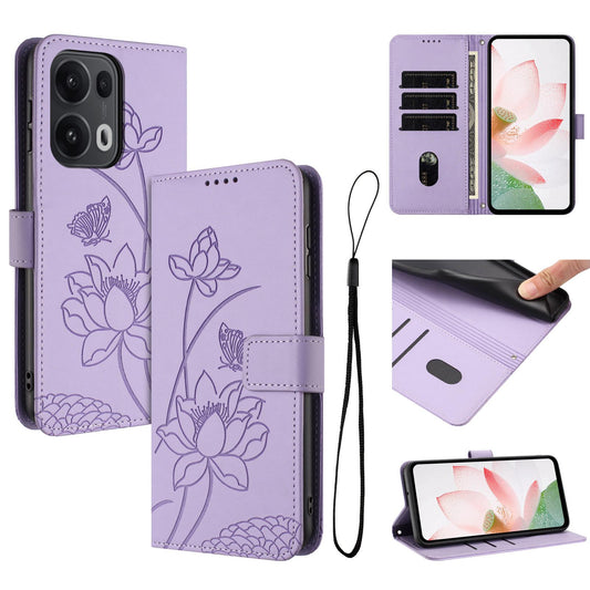 OPPO Reno13 Pro 5G Lotus Embossed PU Leather Wallet Phone Case with Card Holder, Cash Pocket, Magnetic Flip Stand Cover, Wrist Lanyard Strap, Shockproof TPU Protective Folio Case - Purple