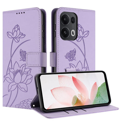 OPPO Reno13 Pro 5G Lotus Embossed PU Leather Wallet Phone Case with Card Holder, Cash Pocket, Magnetic Flip Stand Cover, Wrist Lanyard Strap, Shockproof TPU Protective Folio Case - Purple