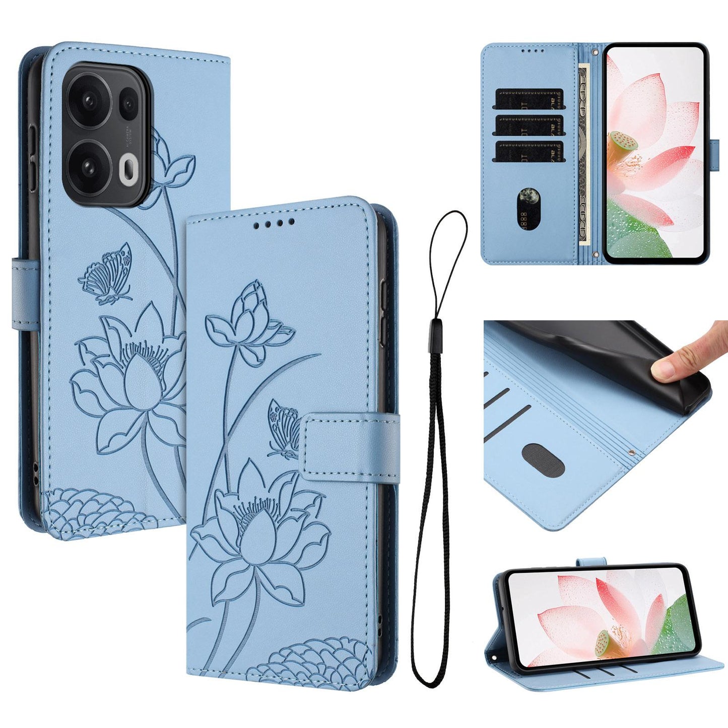 OPPO Reno13 Pro 5G Lotus Embossed PU Leather Wallet Phone Case with Card Holder, Cash Pocket, Magnetic Flip Stand Cover, Wrist Lanyard Strap, Shockproof TPU Protective Folio Case - Purple