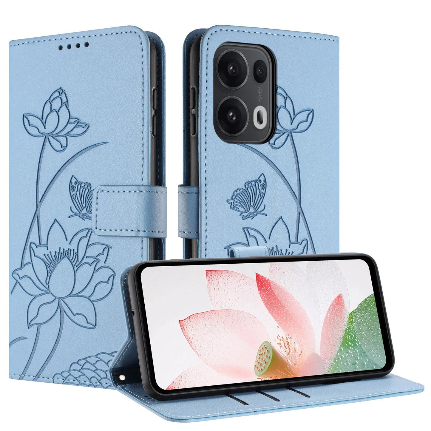 OPPO Reno13 Pro 5G Lotus Embossed PU Leather Wallet Phone Case with Card Holder, Cash Pocket, Magnetic Flip Stand Cover, Wrist Lanyard Strap, Shockproof TPU Protective Folio Case - Purple