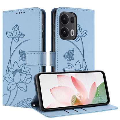 OPPO Reno13 Pro 5G Lotus Embossed PU Leather Wallet Phone Case with Card Holder, Cash Pocket, Magnetic Flip Stand Cover, Wrist Lanyard Strap, Shockproof TPU Protective Folio Case - Purple