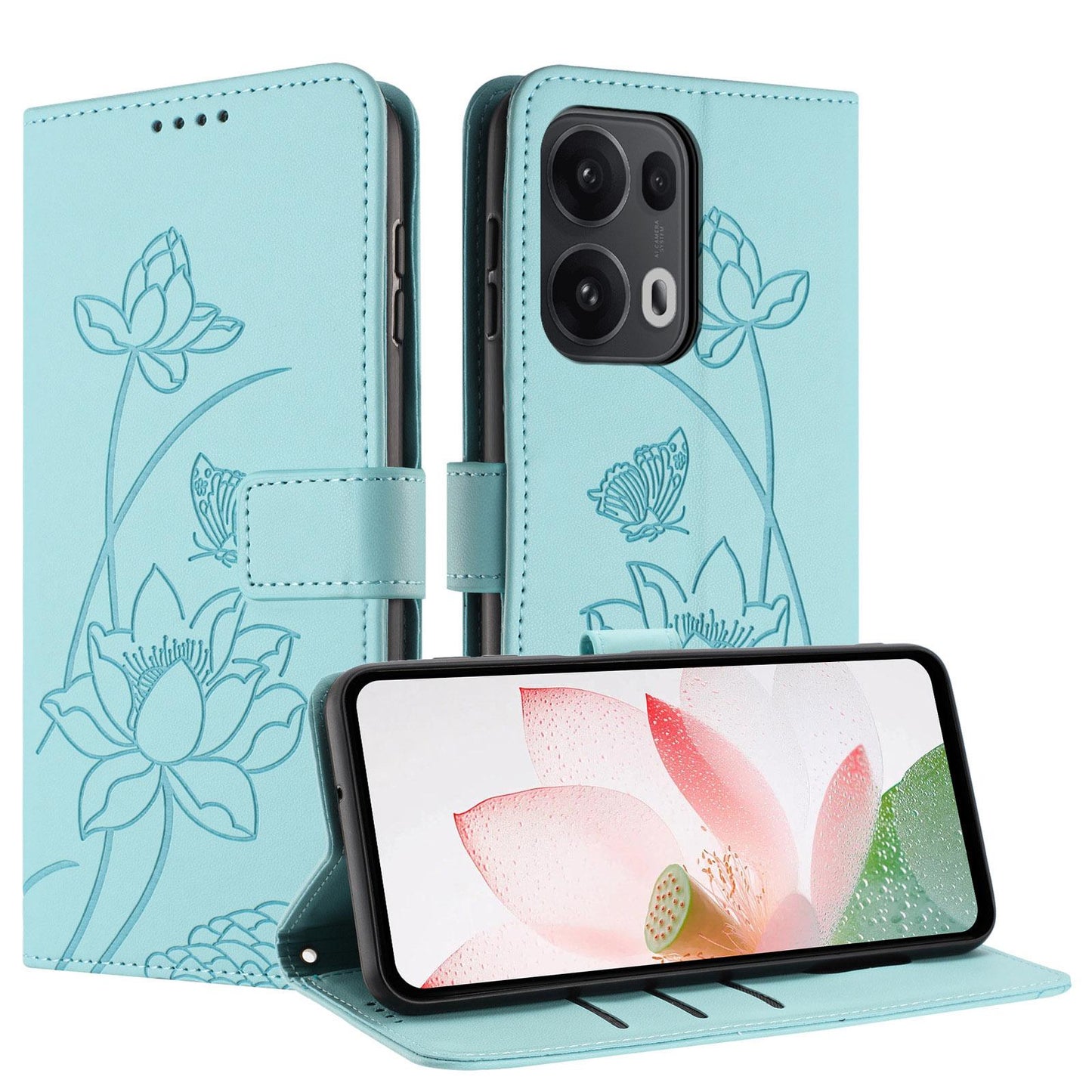 OPPO Reno13 Pro 5G Lotus Embossed PU Leather Wallet Phone Case with Card Holder, Cash Pocket, Magnetic Flip Stand Cover, Wrist Lanyard Strap, Shockproof TPU Protective Folio Case - Purple