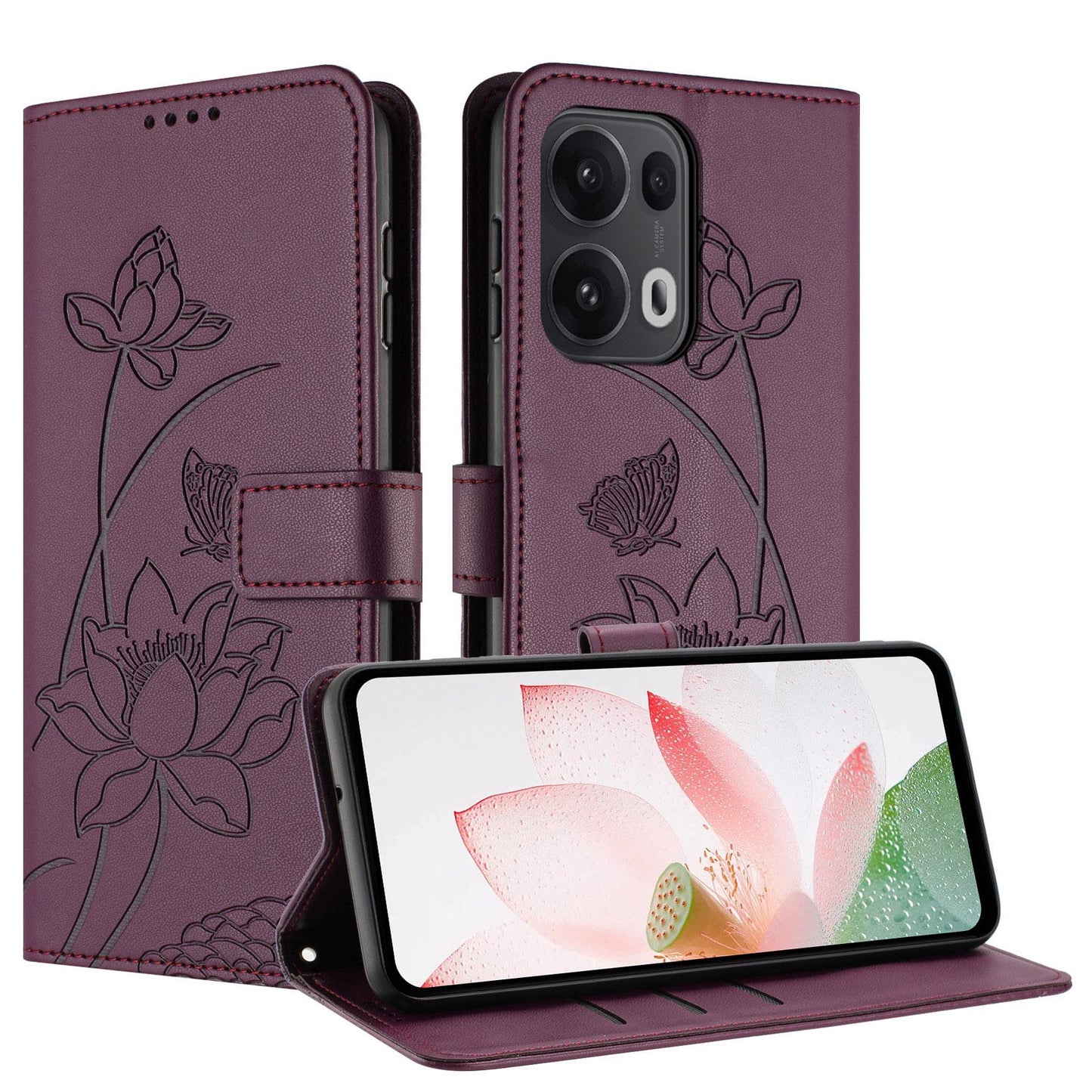 OPPO Reno13 Pro 5G Lotus Embossed PU Leather Wallet Phone Case with Card Holder, Cash Pocket, Magnetic Flip Stand Cover, Wrist Lanyard Strap, Shockproof TPU Protective Folio Case - Purple