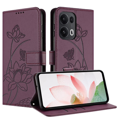 OPPO Reno13 Pro 5G Lotus Embossed PU Leather Wallet Phone Case with Card Holder, Cash Pocket, Magnetic Flip Stand Cover, Wrist Lanyard Strap, Shockproof TPU Protective Folio Case - Purple