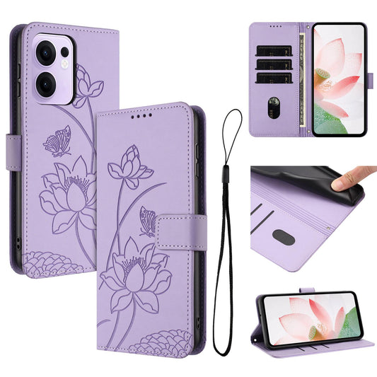 OPPO Reno13 F 5G Lotus Embossed PU Leather Wallet Phone Case with Card Holder, Cash Pocket, Magnetic Flip Stand Cover, Wrist Lanyard Strap, Shockproof TPU Protective Folio Case - Purple