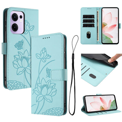 OPPO Reno13 F 4G Lotus Embossed PU Leather Wallet Phone Case with Card Holder, Cash Pocket, Magnetic Flip Stand Cover, Wrist Lanyard Strap, Shockproof TPU Protective Folio Case - Purple