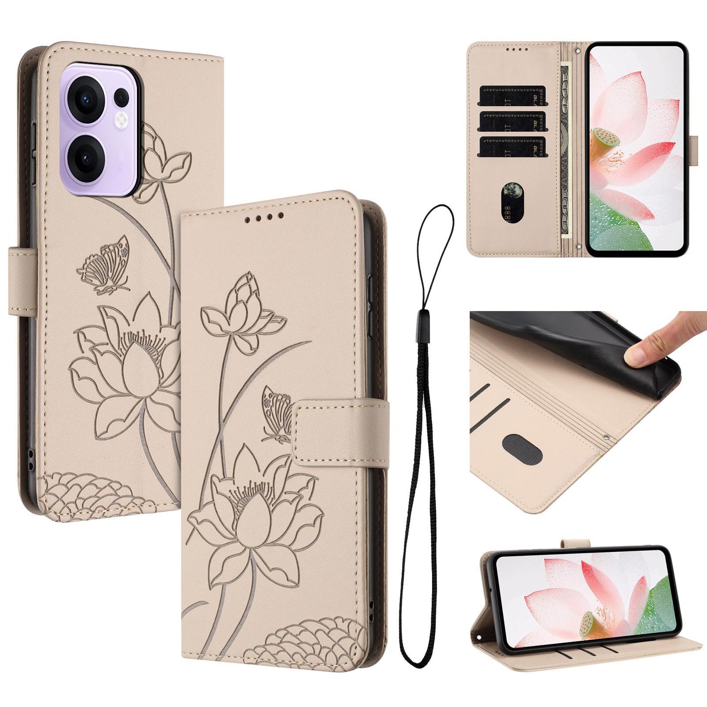 OPPO Reno13 F 5G Lotus Embossed PU Leather Wallet Phone Case with Card Holder, Cash Pocket, Magnetic Flip Stand Cover, Wrist Lanyard Strap, Shockproof TPU Protective Folio Case - Purple