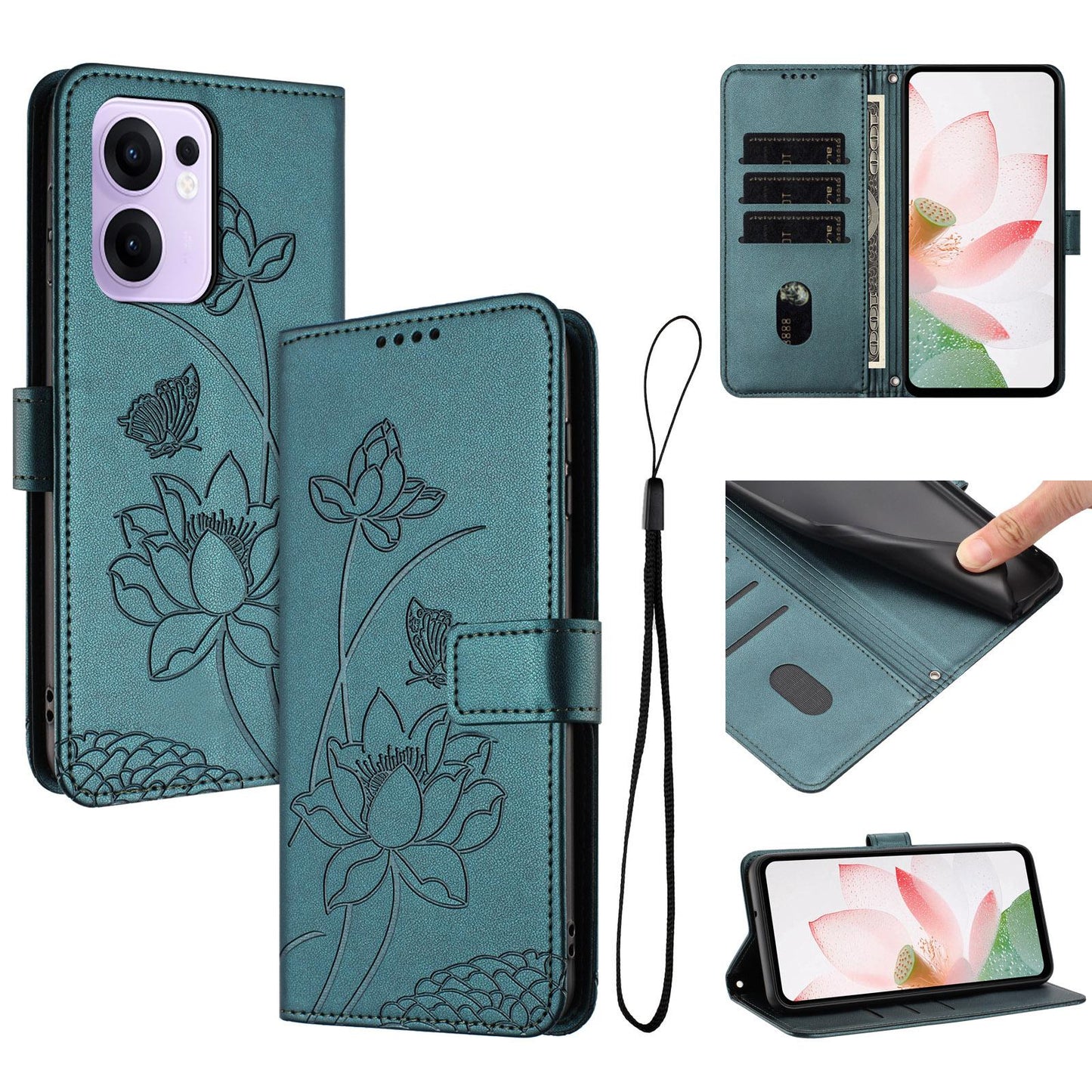 OPPO Reno13 F 4G Lotus Embossed PU Leather Wallet Phone Case with Card Holder, Cash Pocket, Magnetic Flip Stand Cover, Wrist Lanyard Strap, Shockproof TPU Protective Folio Case - Purple
