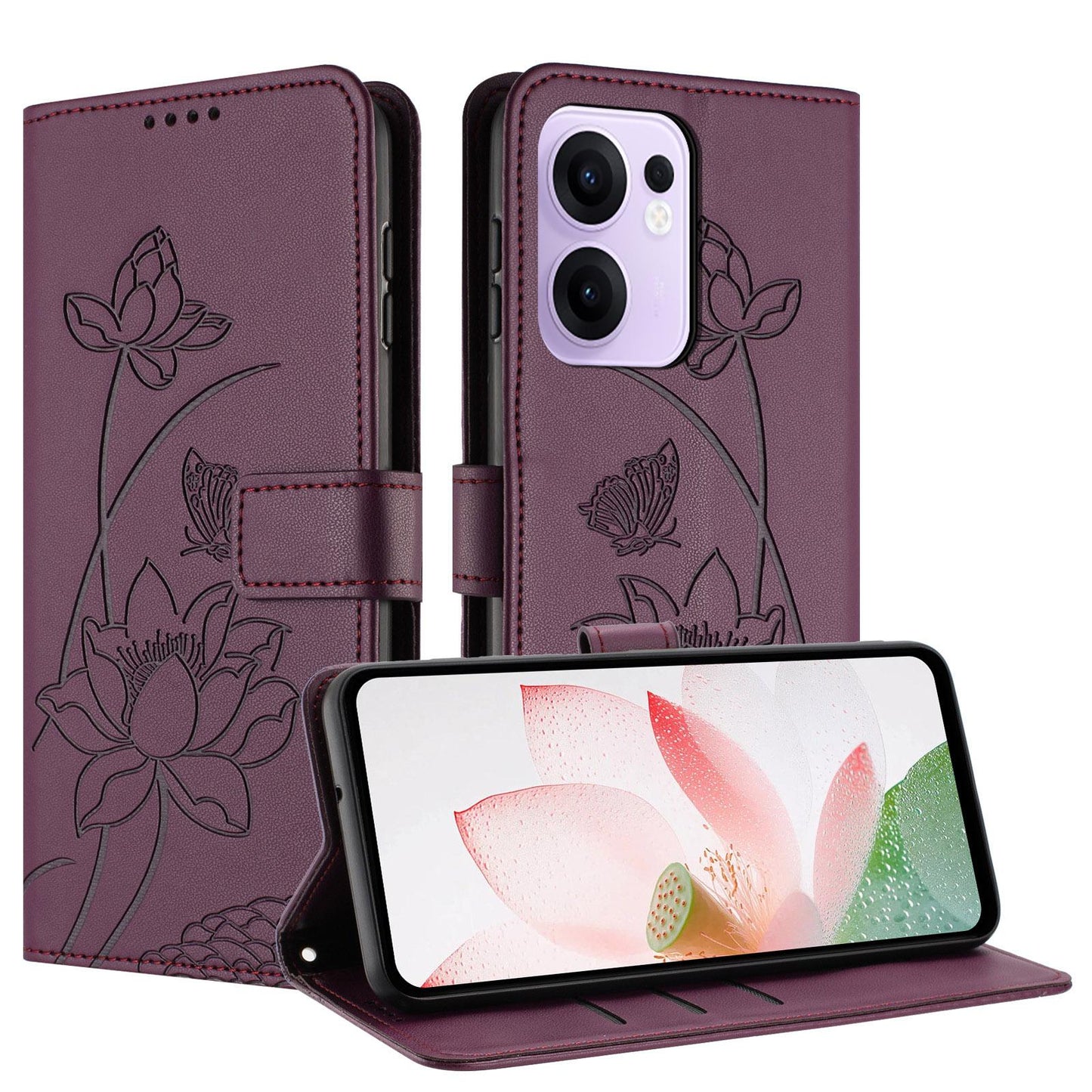 OPPO Reno13 F 4G Lotus Embossed PU Leather Wallet Phone Case with Card Holder, Cash Pocket, Magnetic Flip Stand Cover, Wrist Lanyard Strap, Shockproof TPU Protective Folio Case - Purple