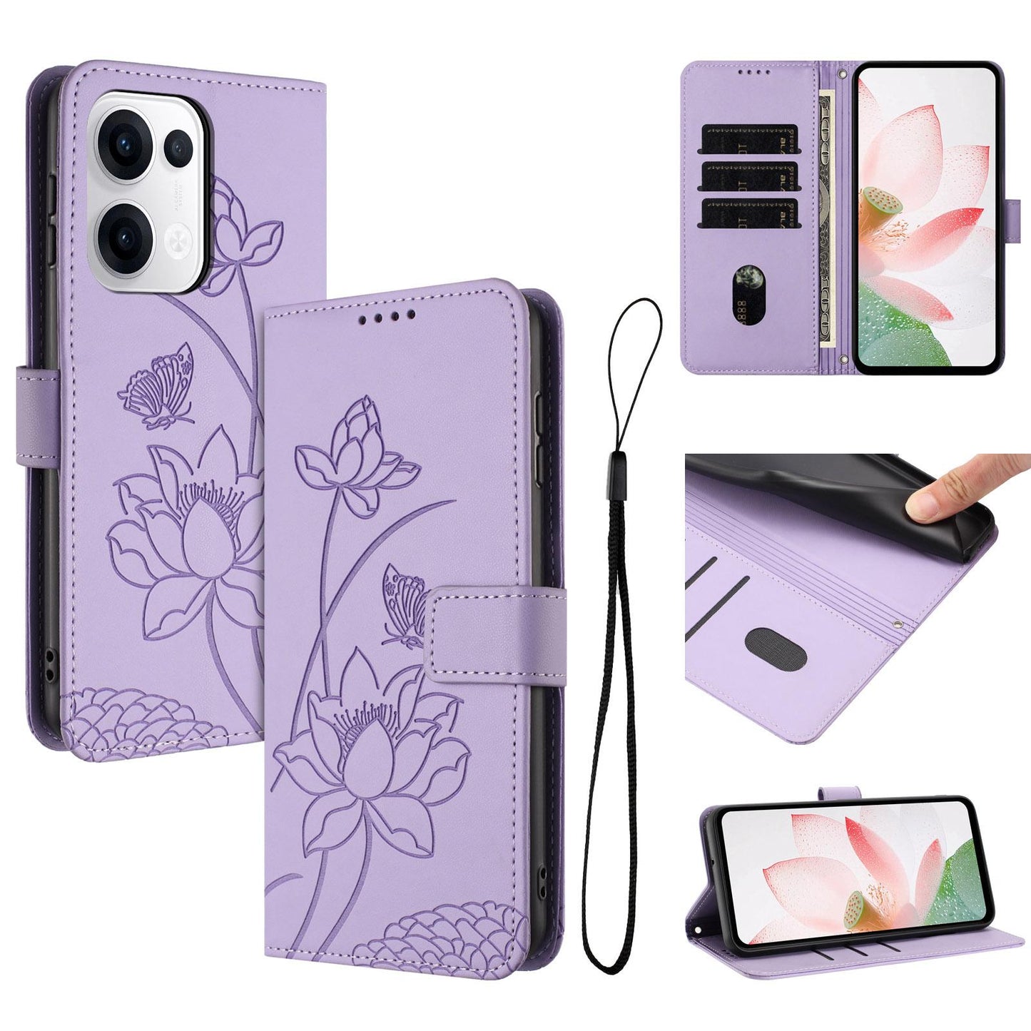OPPO Reno13 5G Lotus Embossed PU Leather Wallet Phone Case with Card Holder, Cash Pocket, Magnetic Flip Stand Cover, Wrist Lanyard Strap, Shockproof TPU Protective Folio Case - Purple