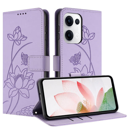 OPPO Reno13 5G Lotus Embossed PU Leather Wallet Phone Case with Card Holder, Cash Pocket, Magnetic Flip Stand Cover, Wrist Lanyard Strap, Shockproof TPU Protective Folio Case - Purple