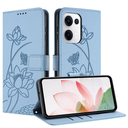 OPPO Reno13 5G Lotus Embossed PU Leather Wallet Phone Case with Card Holder, Cash Pocket, Magnetic Flip Stand Cover, Wrist Lanyard Strap, Shockproof TPU Protective Folio Case - Purple