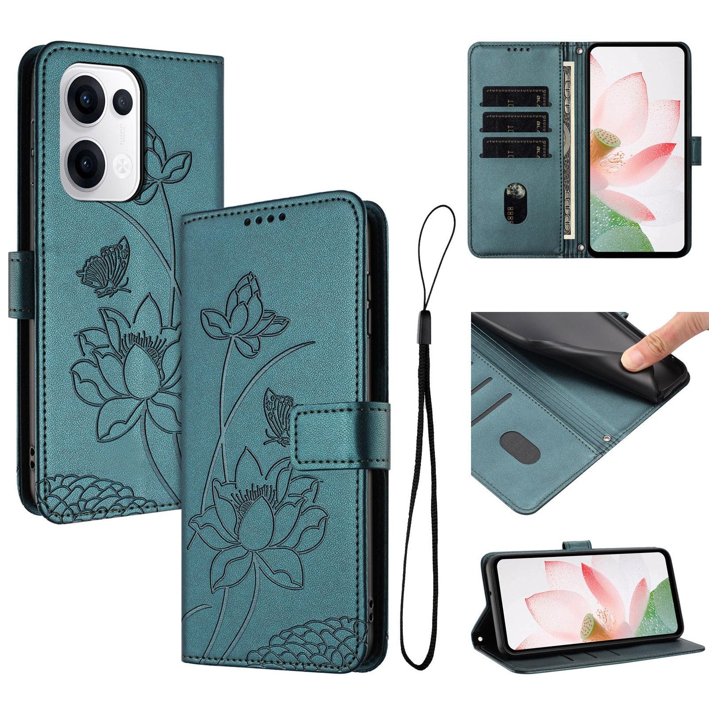 OPPO Reno13 5G Lotus Embossed PU Leather Wallet Phone Case with Card Holder, Cash Pocket, Magnetic Flip Stand Cover, Wrist Lanyard Strap, Shockproof TPU Protective Folio Case - Purple