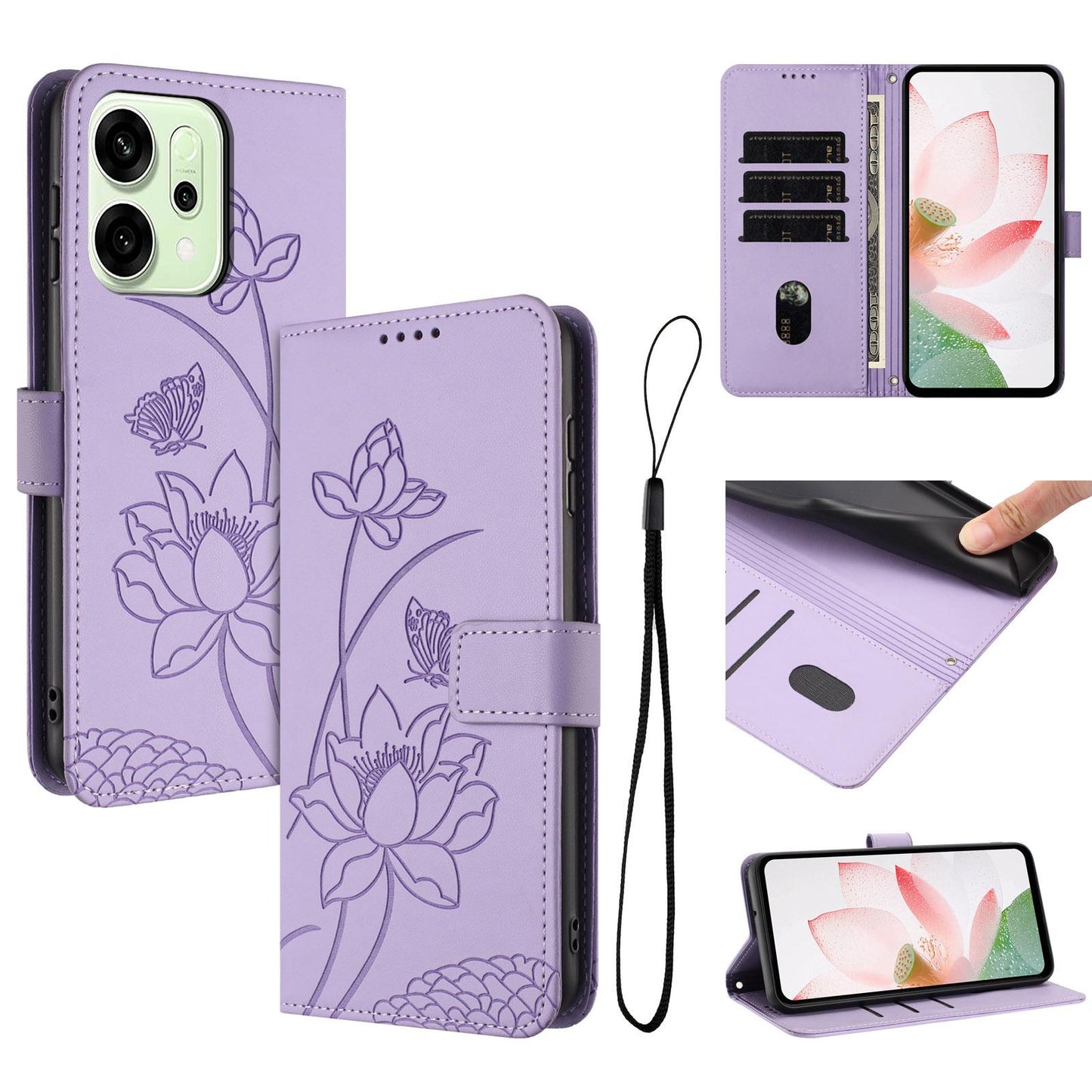 OPPO Reno14 Pro 5G Lotus Embossed PU Leather Wallet Phone Case with Card Holder, Cash Pocket, Magnetic Flip Stand Cover, Wrist Lanyard Strap, Shockproof TPU Protective Folio Case - Purple