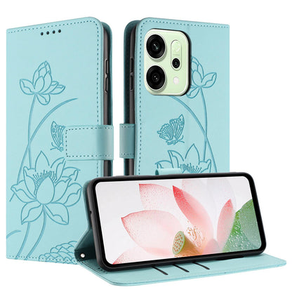 OPPO Reno14 Pro 5G Lotus Embossed PU Leather Wallet Phone Case with Card Holder, Cash Pocket, Magnetic Flip Stand Cover, Wrist Lanyard Strap, Shockproof TPU Protective Folio Case - Purple