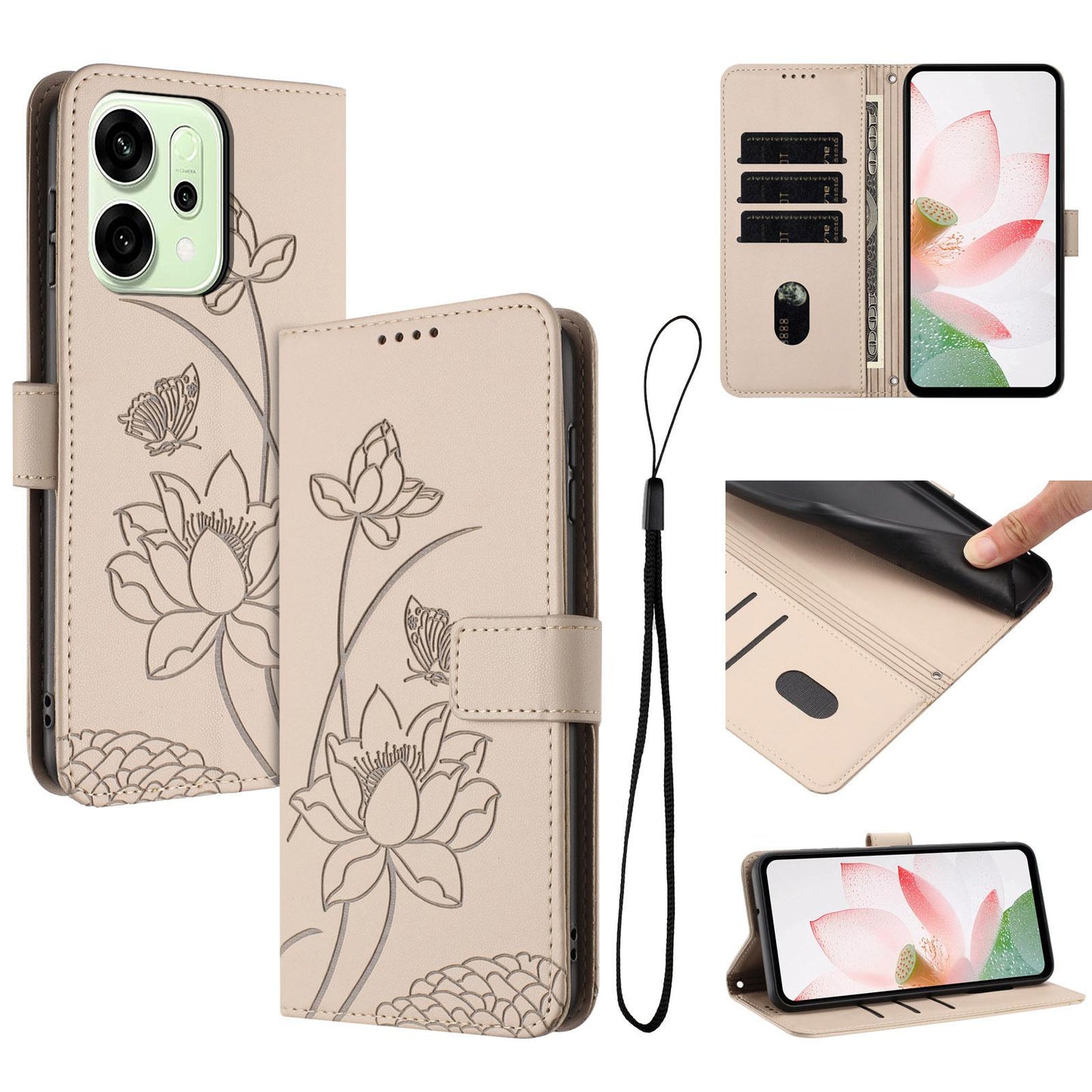 OPPO Reno14 Pro 5G Lotus Embossed PU Leather Wallet Phone Case with Card Holder, Cash Pocket, Magnetic Flip Stand Cover, Wrist Lanyard Strap, Shockproof TPU Protective Folio Case - Purple