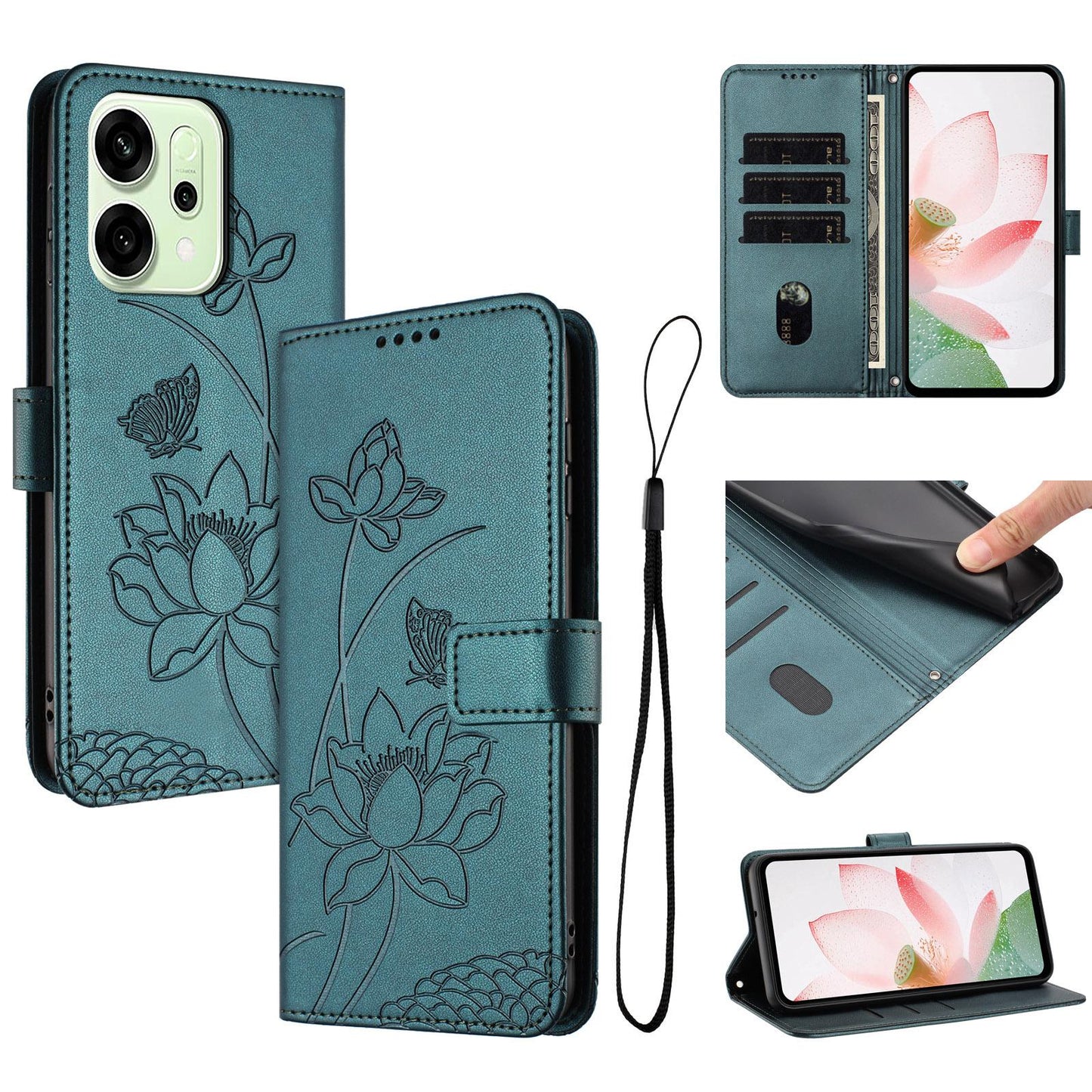 OPPO Reno14 Pro 5G Lotus Embossed PU Leather Wallet Phone Case with Card Holder, Cash Pocket, Magnetic Flip Stand Cover, Wrist Lanyard Strap, Shockproof TPU Protective Folio Case - Purple