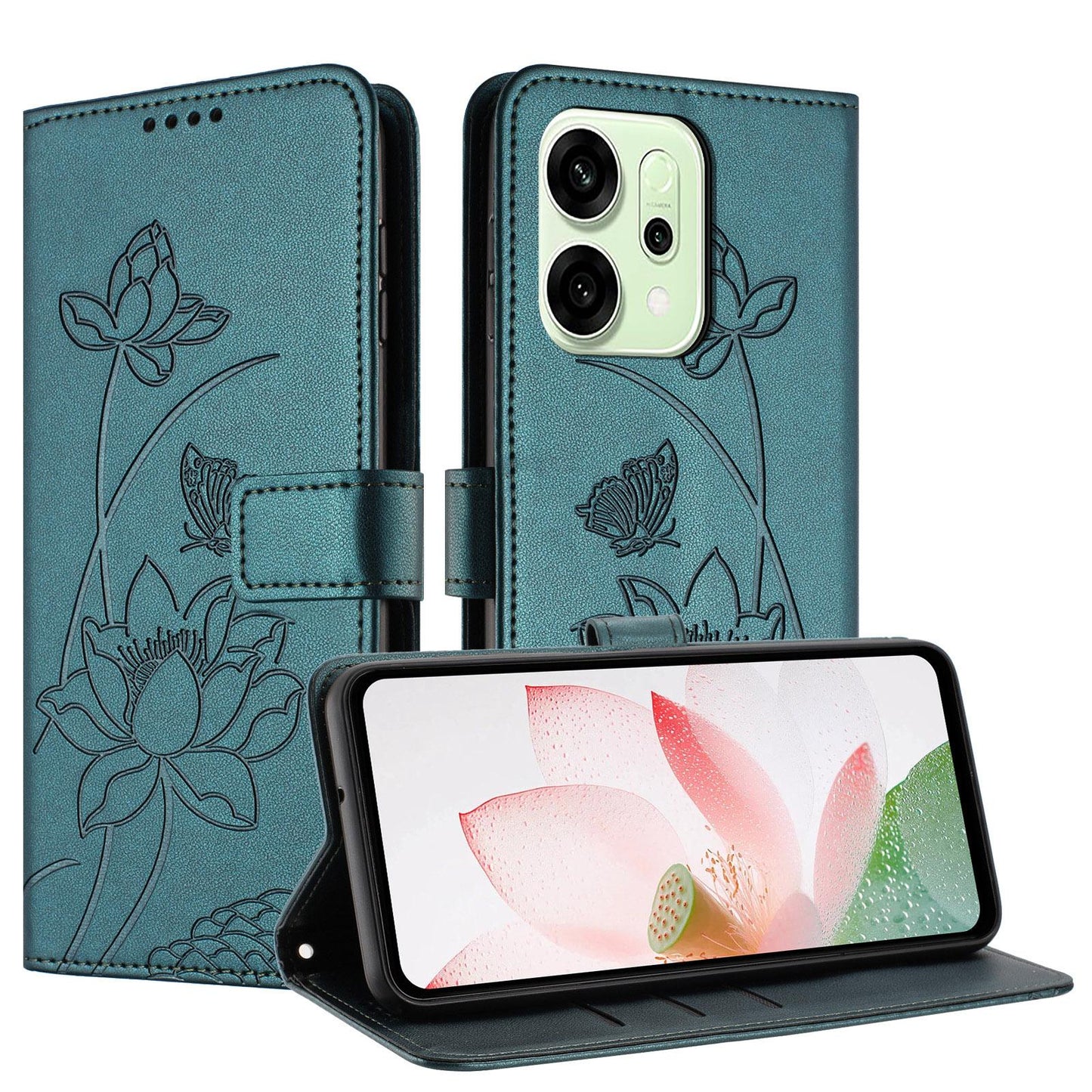 OPPO Reno14 Pro 5G Lotus Embossed PU Leather Wallet Phone Case with Card Holder, Cash Pocket, Magnetic Flip Stand Cover, Wrist Lanyard Strap, Shockproof TPU Protective Folio Case - Purple