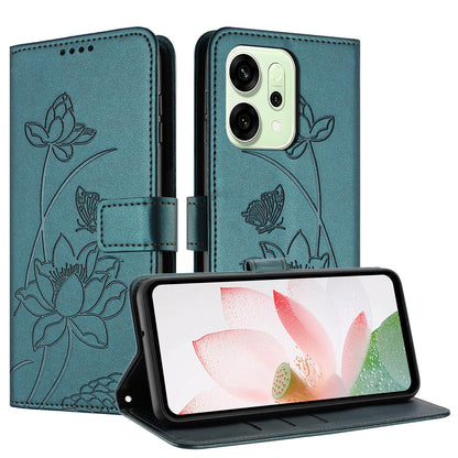 OPPO Reno14 Pro 5G Lotus Embossed PU Leather Wallet Phone Case with Card Holder, Cash Pocket, Magnetic Flip Stand Cover, Wrist Lanyard Strap, Shockproof TPU Protective Folio Case - Purple