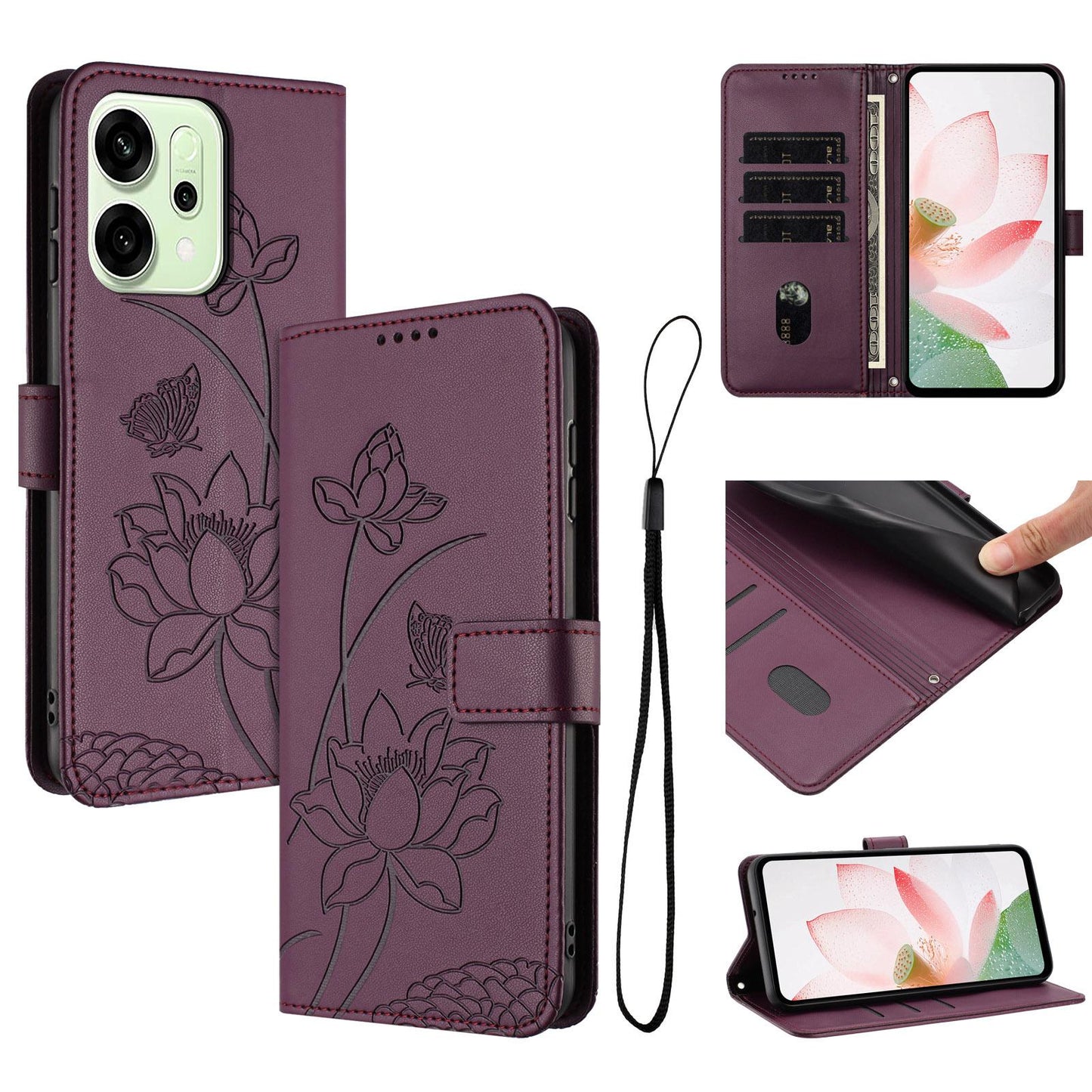 OPPO Reno14 Pro 5G Lotus Embossed PU Leather Wallet Phone Case with Card Holder, Cash Pocket, Magnetic Flip Stand Cover, Wrist Lanyard Strap, Shockproof TPU Protective Folio Case - Purple
