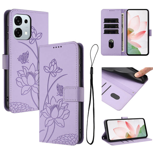 OPPO F31 5G Lotus Embossed PU Leather Wallet Phone Case with Card Holder, Cash Pocket, Magnetic Flip Stand Cover, Wrist Lanyard Strap, Shockproof TPU Protective Folio Case - Purple
