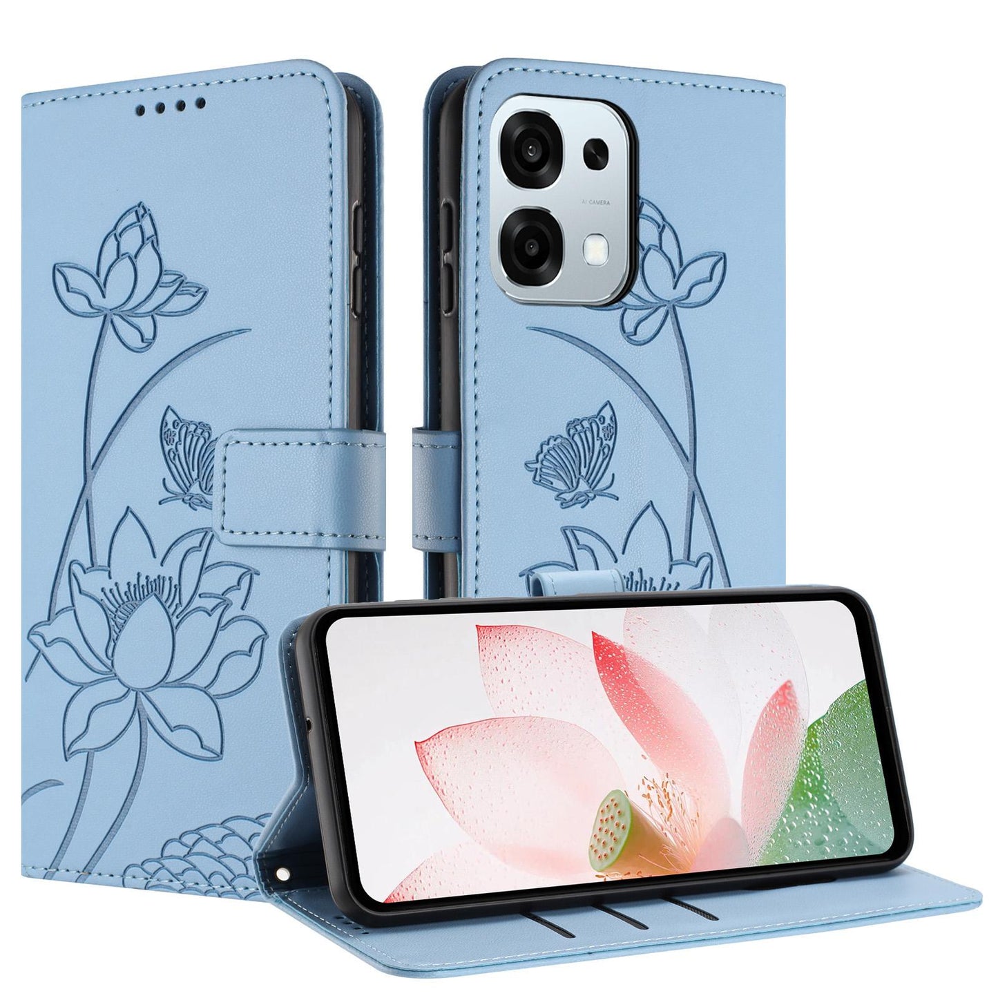 OPPO A6 Pro 5G Lotus Embossed PU Leather Wallet Phone Case with Card Holder, Cash Pocket, Magnetic Flip Stand Cover, Wrist Lanyard Strap, Shockproof TPU Protective Folio Case - Purple