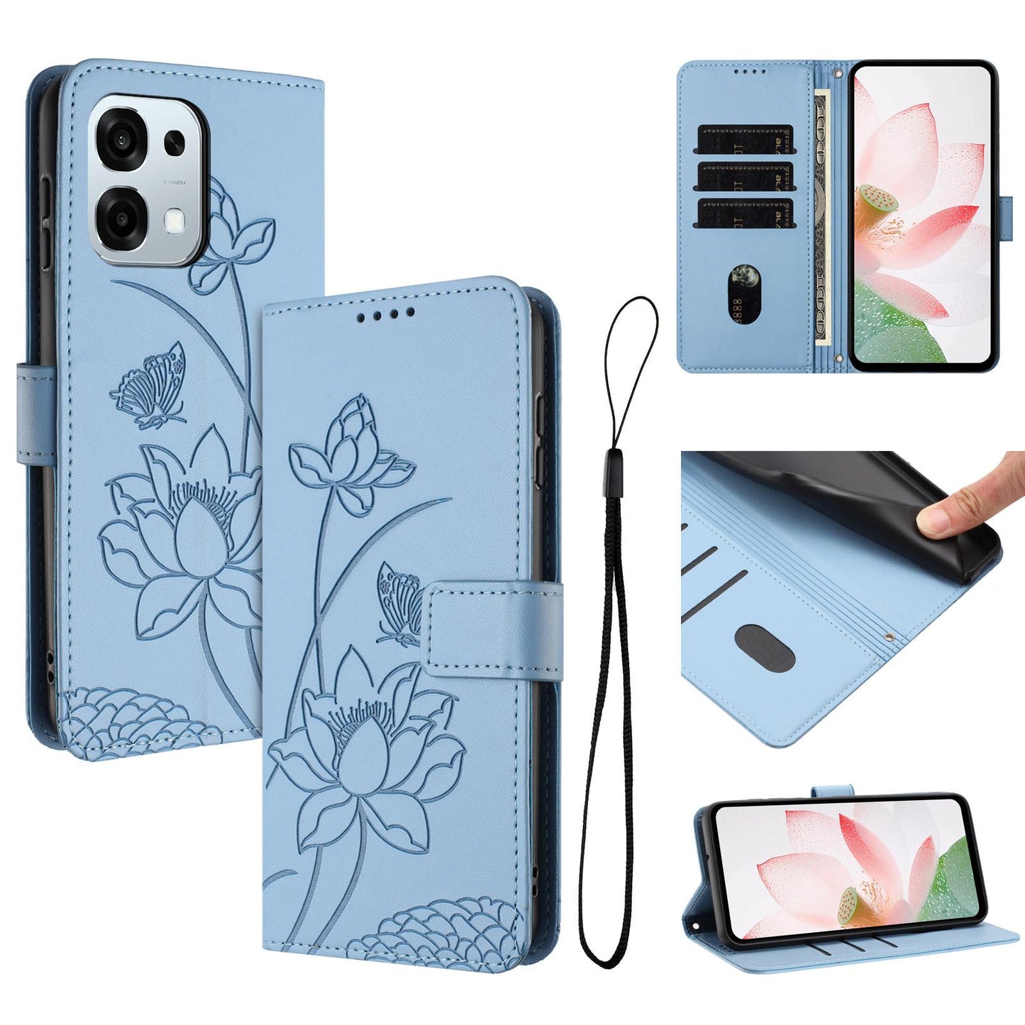 OPPO A6 Pro 5G Lotus Embossed PU Leather Wallet Phone Case with Card Holder, Cash Pocket, Magnetic Flip Stand Cover, Wrist Lanyard Strap, Shockproof TPU Protective Folio Case - Purple