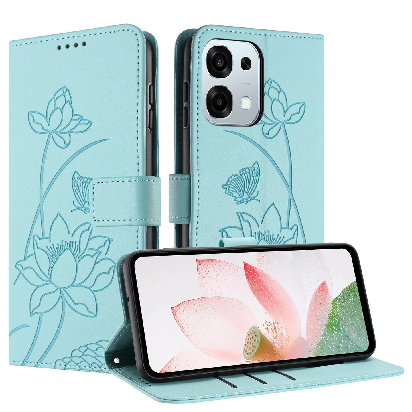 OPPO F31 5G Lotus Embossed PU Leather Wallet Phone Case with Card Holder, Cash Pocket, Magnetic Flip Stand Cover, Wrist Lanyard Strap, Shockproof TPU Protective Folio Case - Purple