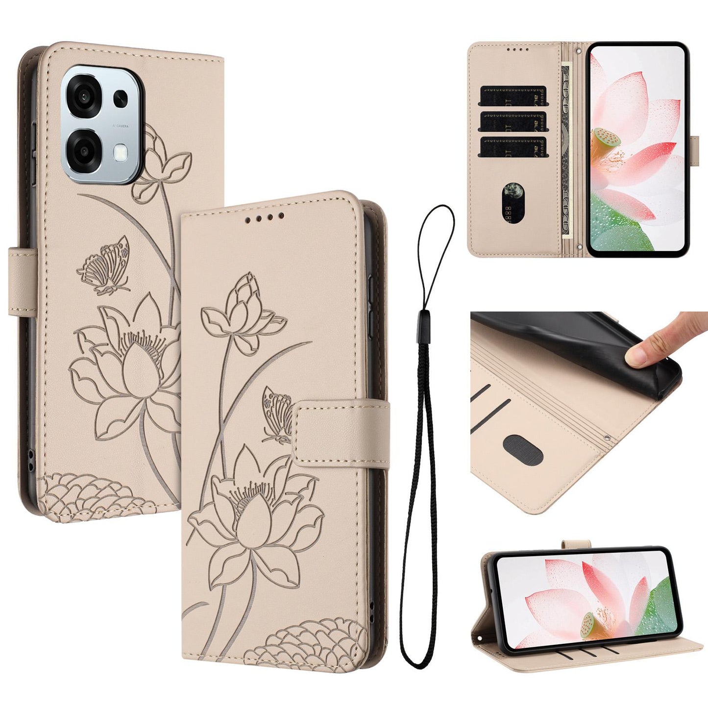 OPPO F31 5G Lotus Embossed PU Leather Wallet Phone Case with Card Holder, Cash Pocket, Magnetic Flip Stand Cover, Wrist Lanyard Strap, Shockproof TPU Protective Folio Case - Purple