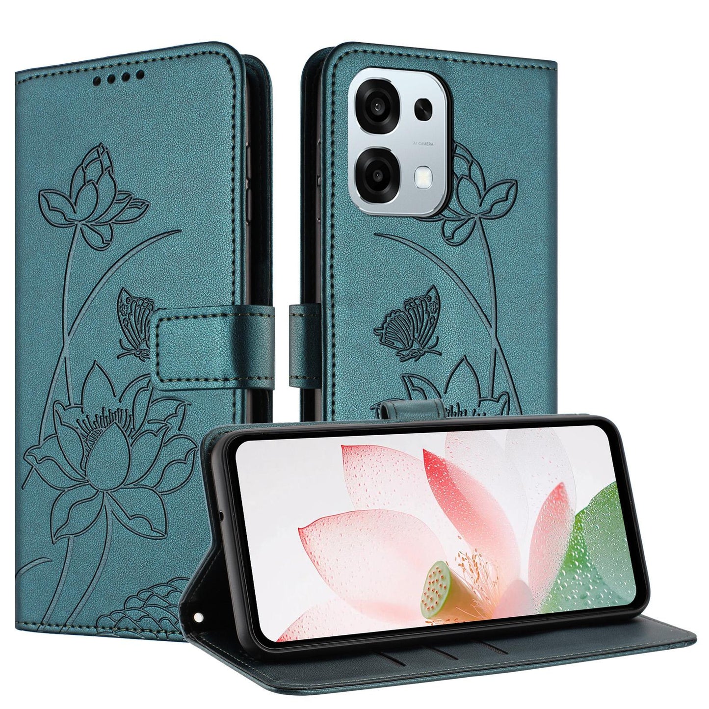 OPPO A6 Pro 5G Lotus Embossed PU Leather Wallet Phone Case with Card Holder, Cash Pocket, Magnetic Flip Stand Cover, Wrist Lanyard Strap, Shockproof TPU Protective Folio Case - Purple