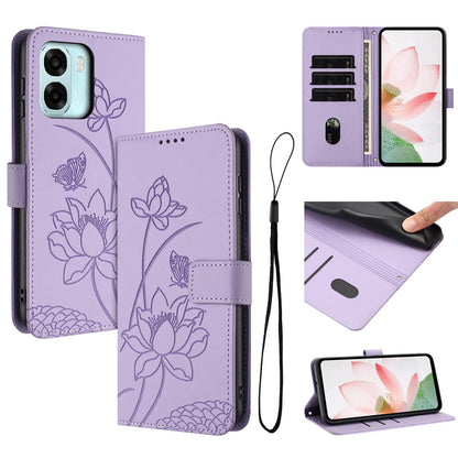 OPPO A6x 5G Lotus Embossed PU Leather Wallet Phone Case with Card Holder, Cash Pocket, Magnetic Flip Stand Cover, Wrist Lanyard Strap, Shockproof TPU Protective Folio Case - Purple