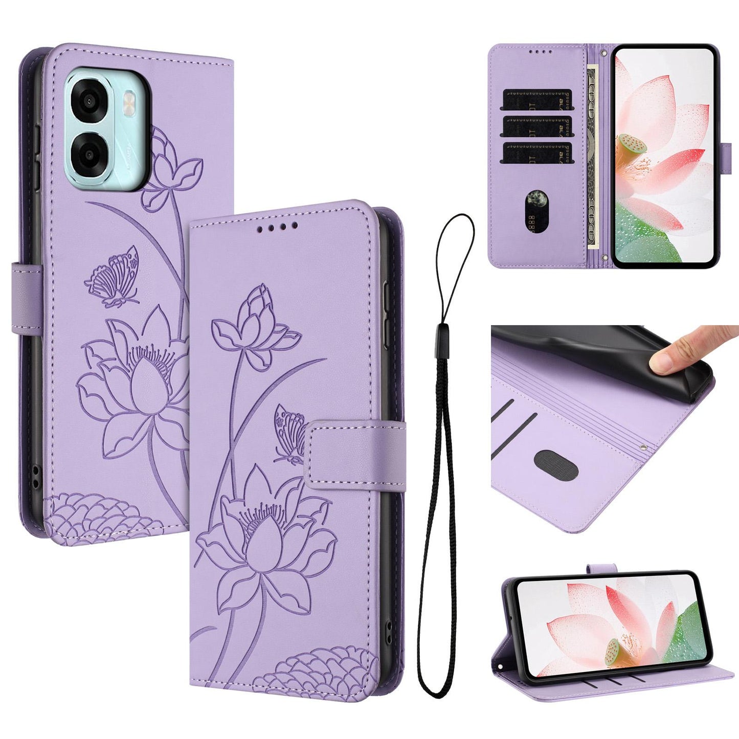 OPPO A6 5G Lotus Embossed PU Leather Wallet Phone Case with Card Holder, Cash Pocket, Magnetic Flip Stand Cover, Wrist Lanyard Strap, Shockproof TPU Protective Folio Case - Purple