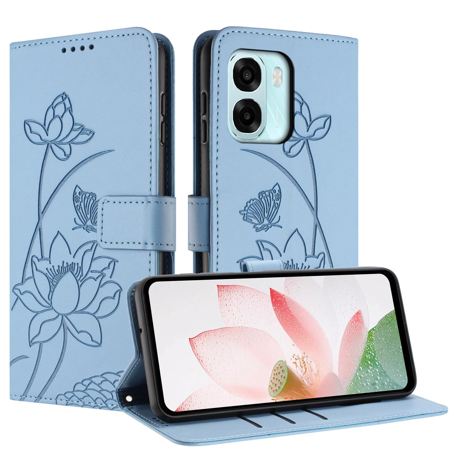 OPPO A6 5G Lotus Embossed PU Leather Wallet Phone Case with Card Holder, Cash Pocket, Magnetic Flip Stand Cover, Wrist Lanyard Strap, Shockproof TPU Protective Folio Case - Purple