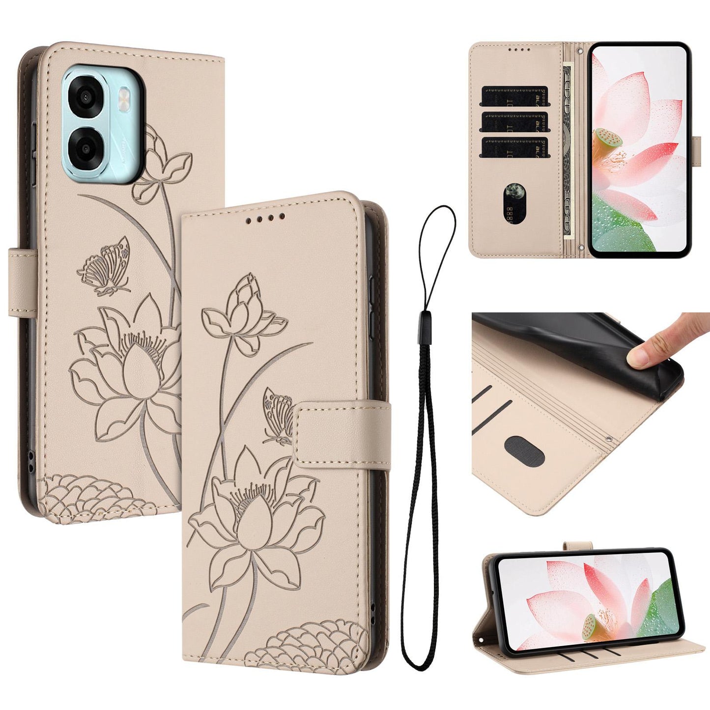 OPPO A6x 5G Lotus Embossed PU Leather Wallet Phone Case with Card Holder, Cash Pocket, Magnetic Flip Stand Cover, Wrist Lanyard Strap, Shockproof TPU Protective Folio Case - Purple