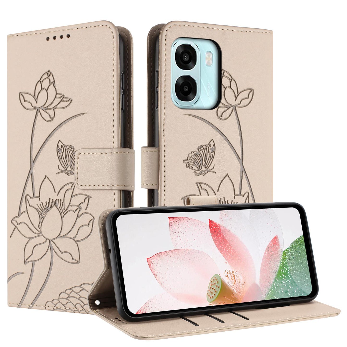 OPPO A6x 5G Lotus Embossed PU Leather Wallet Phone Case with Card Holder, Cash Pocket, Magnetic Flip Stand Cover, Wrist Lanyard Strap, Shockproof TPU Protective Folio Case - Purple