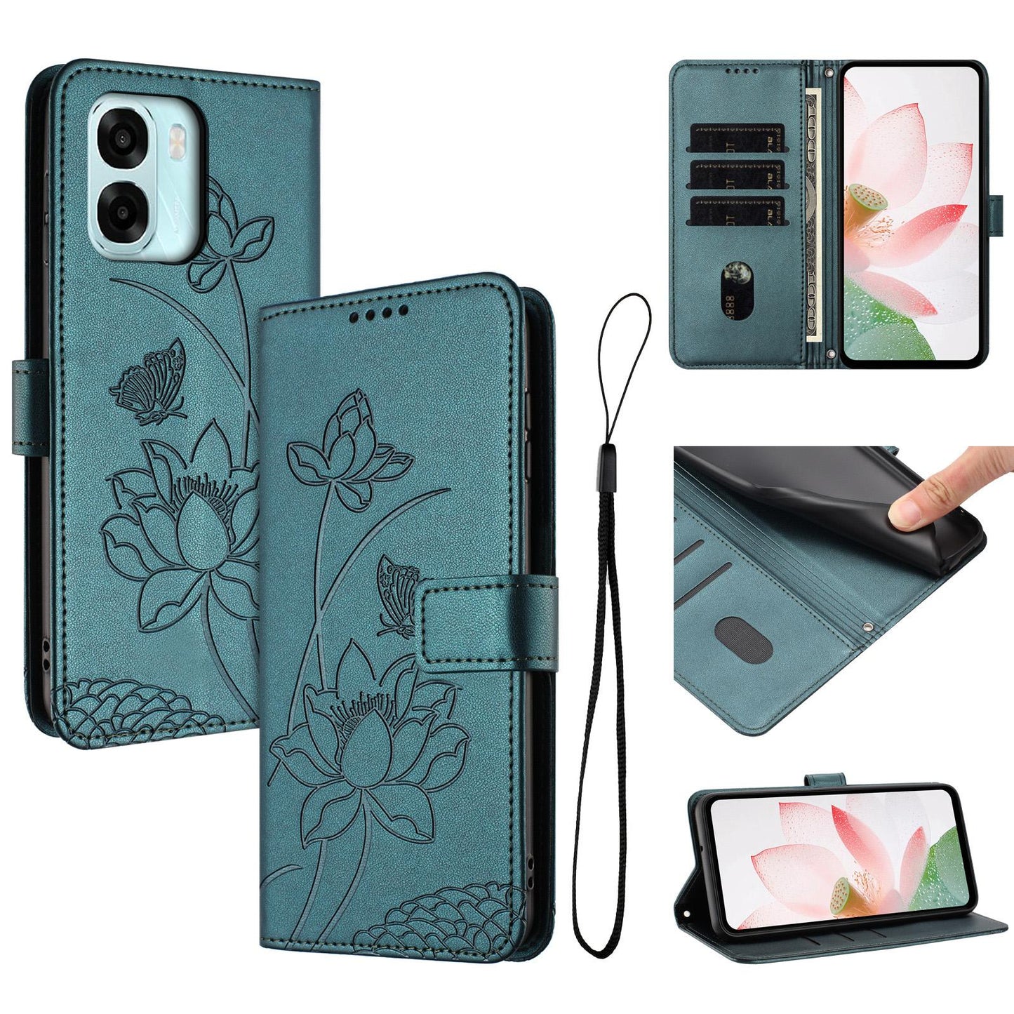 OPPO A6x 5G Lotus Embossed PU Leather Wallet Phone Case with Card Holder, Cash Pocket, Magnetic Flip Stand Cover, Wrist Lanyard Strap, Shockproof TPU Protective Folio Case - Purple
