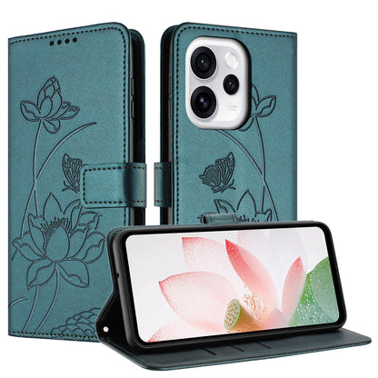 OPPO Reno15 5G Lotus Embossed PU Leather Wallet Phone Case with Card Holder, Cash Pocket, Magnetic Flip Stand Cover, Wrist Lanyard Strap, Shockproof TPU Protective Folio Case - Purple