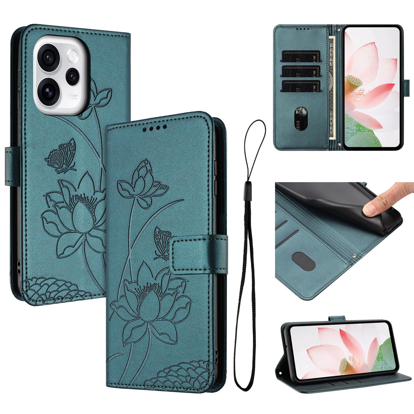 OPPO Reno15 Pro 5G Lotus Embossed PU Leather Wallet Phone Case with Card Holder, Cash Pocket, Magnetic Flip Stand Cover, Wrist Lanyard Strap, Shockproof TPU Protective Folio Case - Purple