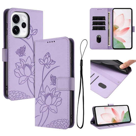 OPPO Reno15 Pro Max 5G Lotus Embossed PU Leather Wallet Phone Case with Card Holder, Cash Pocket, Magnetic Flip Stand Cover, Wrist Lanyard Strap, Shockproof TPU Protective Folio Case - Purple